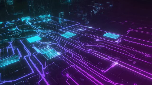 Vibrant Purple Circuitry Network Abstract Background: Detailed Digital Technology Illustration for Futuristic Design and Sci-Fi Concepts.