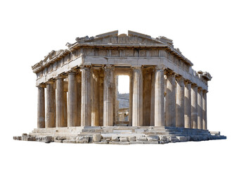 Obraz premium Ancient Greek Parthenon temple with Doric columns and weathered stone architecture isolated on a transparent background