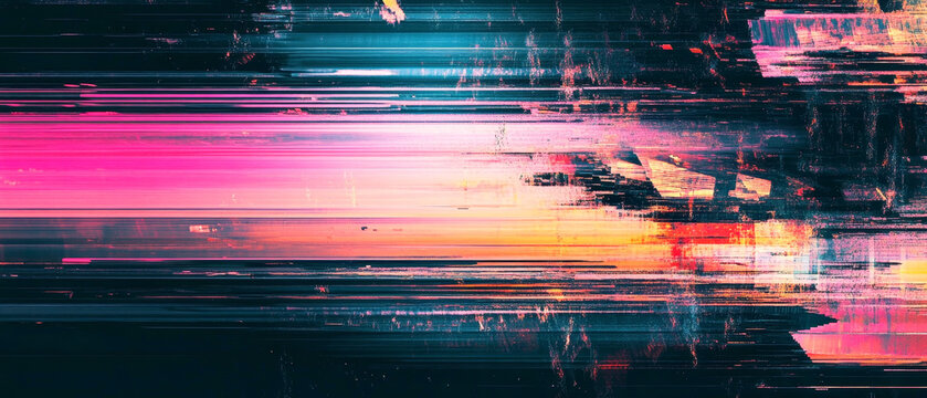 Vibrant abstract digital glitch art with streaks of pink, blue, and orange creating a dynamic and futuristic visual effect, ideal for technology or music themes