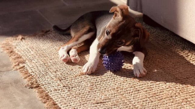 Cute Beagle Mix Puppy Playing with Spiky Ball Toy Natural Sunlight Home Interior

