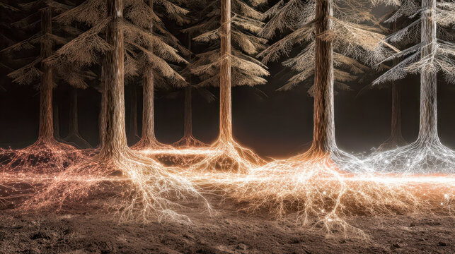 Interconnected tree roots glowing beneath the forest floor, a subterranean mycorrhizal network