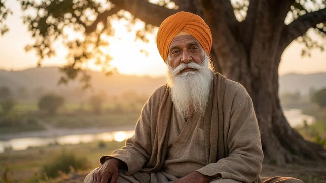 Elderly Sikh Guru Nanak meditating under ancient tree at sunset