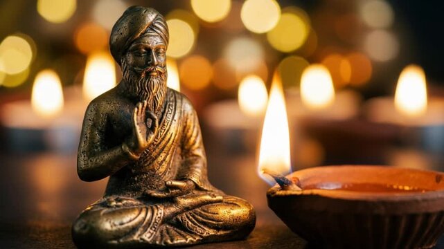 Bronze Guru Nanak Statue Diya Oil Lamp Bokeh Lights Devotion