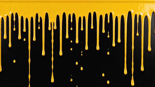 A vibrant stream of glossy yellow liquid paint or syrup slowly drips across the top border of a deep black background, creating an attractive and visc