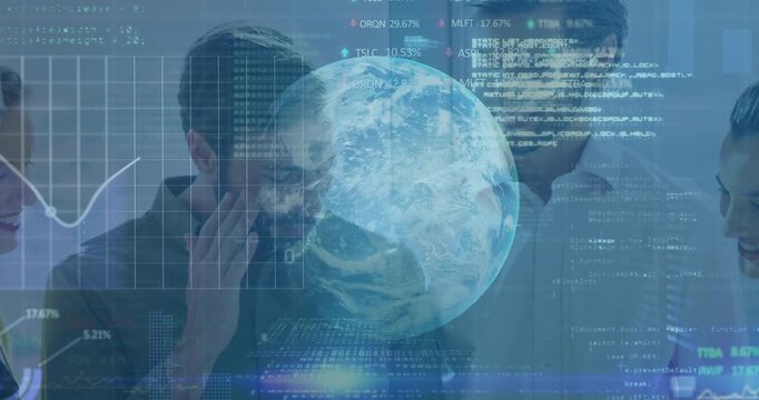 Animation of binary coding data processing and globe over diverse businessmen