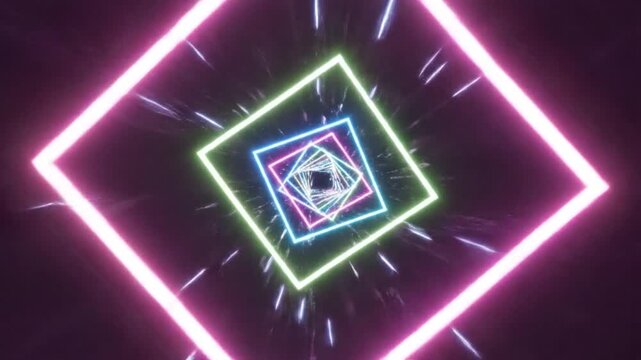 neon illuminated abstract tunnel space with spiraling square frames moving inward creating endless depth digital sci fi hyperspace effect vibrant glowing colors against dark purple void energetic moti