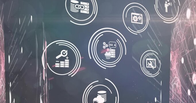 Animation of interface with business and data sharing icons over global network and data processing