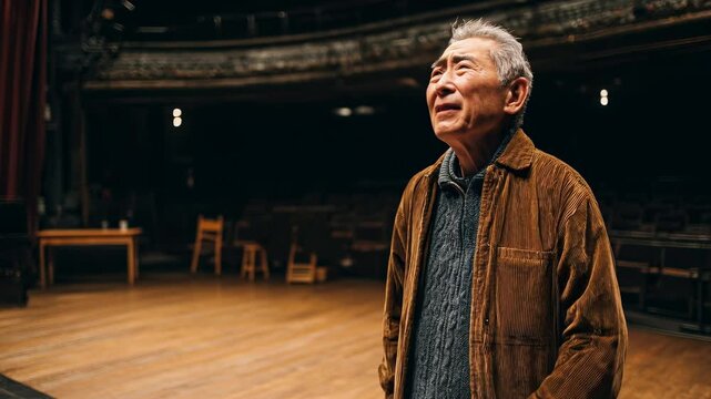 Senior Asian actor rehearsing script. Experienced performer directs scene. Stage presence, focused expression. Close-up, theater interior, dramatic lighting. Wisdom and passion evident.