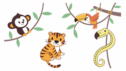 Obraz premium Cute Cartoon Jungle Animals Monkey Tiger Toucan Snake Climbing Vines for Kids Education and Nursery Decor