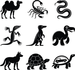 Silhouette collection of animals including camel, scorpion, snake, lizard, crocodile, dodo bird, wolf, turtle, and turtle with car. © Hello World
