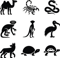 Silhouette animal icons collection, camel, scorpion, snake, monkey, meerkat, dodo bird, wolf, turtle, turtle with car, wildlife symbols © Hello World