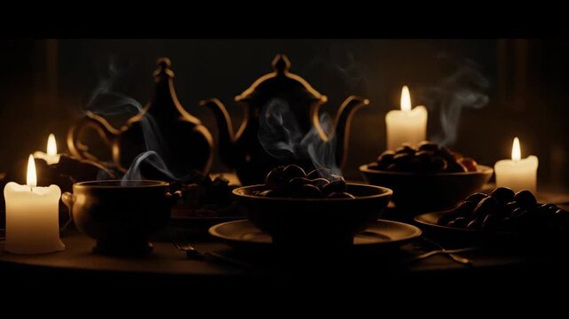 Soft Cinematic Iftar Table Silhouette Background with Warm Candlelight and Subtle Steam Motion for Cozy Ramadan Evening Mood and Realistic Islamic Traditional Celebration Lighting