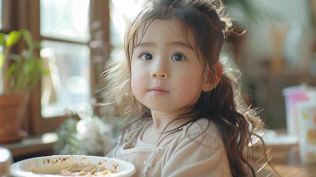 Toddler Girl with Food Smudges Smiling at Camera While Eating Breakfast in a Bright, Cozy Kitchen Setting.