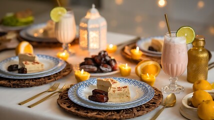 Naklejka premium Table set for Ramadan iftar with desserts and drinks