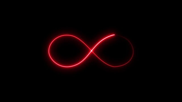 Modern abstract neon glowing infinity symbol seamless loop animation on a deep black background, dynamic vibrant digital graphic motion effect