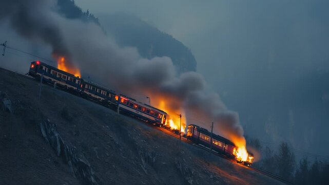Dramatic Train Derailment Scene: Emergency Response, Rescue Operations, and Transport Accident on a Mountainous Landscape.