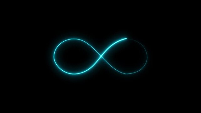 Modern abstract neon glowing infinity symbol seamless loop animation on a deep black background, dynamic vibrant digital graphic motion effect