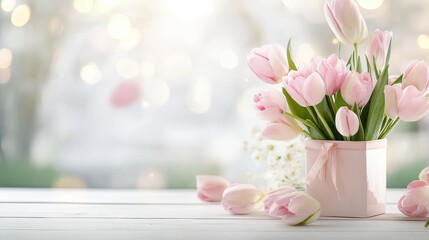 Bouquet of pink tulips sits in a pink vase on a wooden table