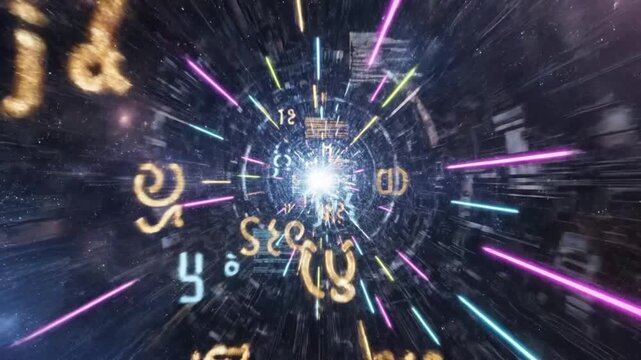 dynamic digital data stream tunnel perspective inside glowing light trails rushing forward colorful code text floating above energy language cilem symbols abstract high tech visualization deep space f