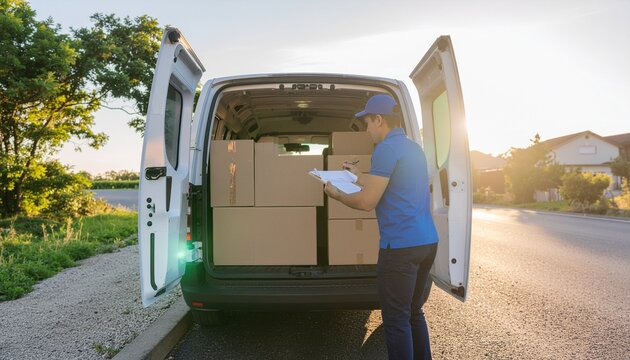 A delivery person in a blue uniform checking packages in the back of a white delivery van filled with cardboard boxes during a sunny day.