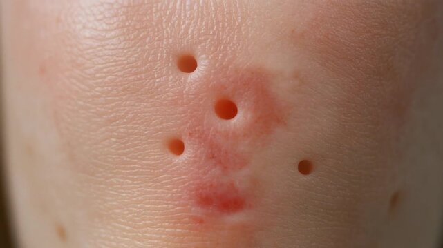 A close-up of a person's skin with a red acne lesion and several small holes, likely from a dermatological procedure or extraction, possibly for medical or educational use