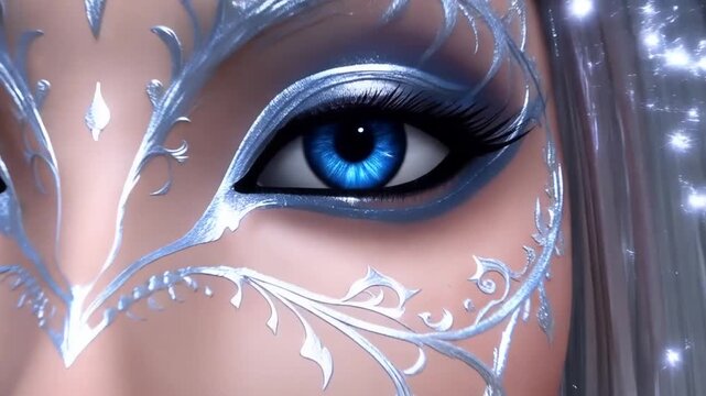 A close-up portrait of a woman with silver hair and blue eyes, adorned with glowing snowflake makeup on her face, set against a dark background with sparkles