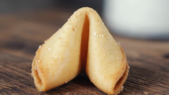 Close-up of a single fortune cookie revealing a partially visible paper scroll, studio food photography.