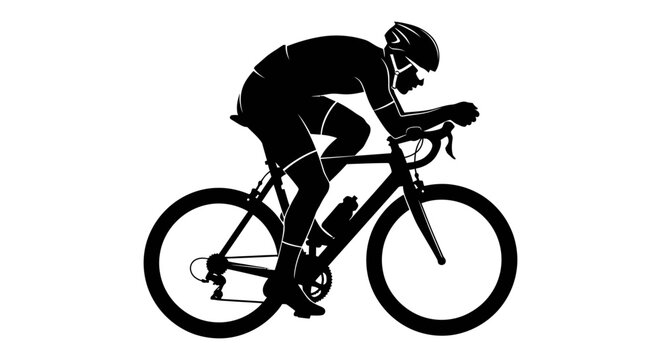 A dynamic silhouette illustration of a cyclist in a competitive race position on a road bike