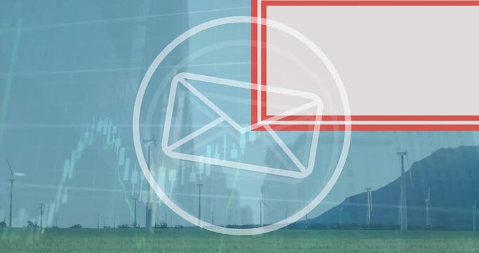 Animation of envelope icon and data processing over wind turbines