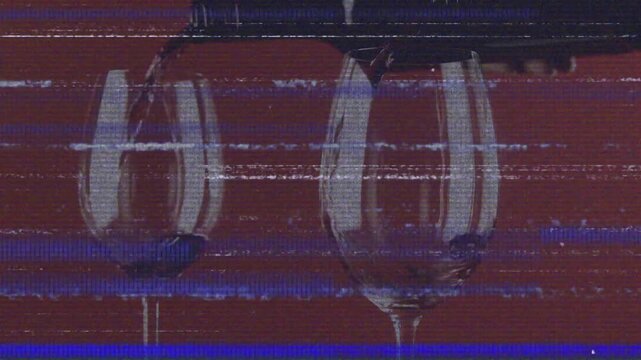 Animation of interference and scanner processing over wine pouring into two glasses