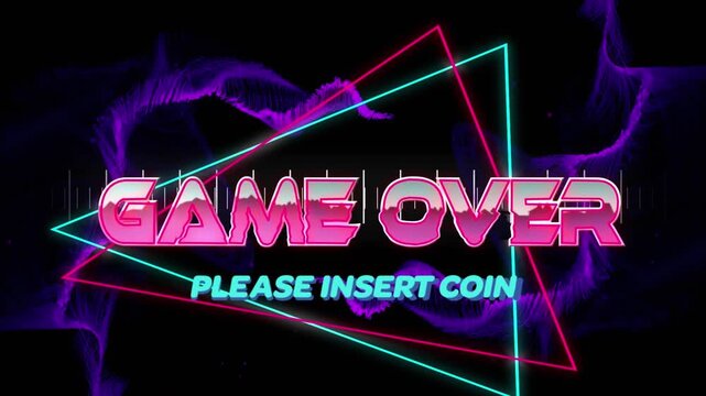 Animation of game over please insert coin text over measurement scale and purple digital waves