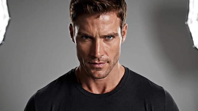 A man looking down with a serious expression in a studio setting with softbox lights