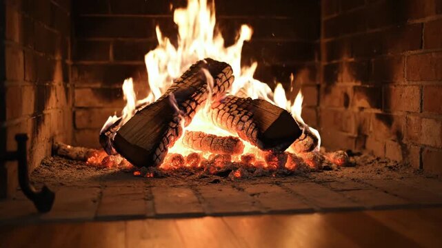 A roaring fire burns in a brick fireplace on a wooden floor with glowing embers and warm flames