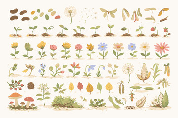 Obraz premium A Collection of Botanical Elements, Including Seeds, Sprouts, Flowers, and Leaves