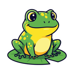 Obraz premium Illustration of a smiling green frog sitting on a lily pad with yellow spots against a white background.