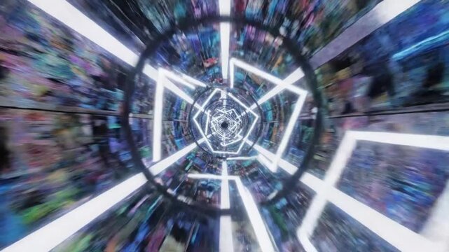 dynamic neon comic tunnel cylindrical interior illuminated frames twisting through hyperspace bright futuristic colors white background intense artificial lighting immersive digital artwork full hd ul