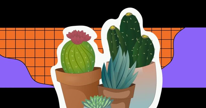 Animation of cactus icons over shapes on black backrgound