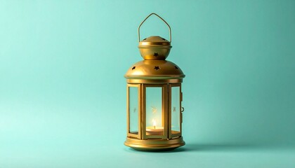 Golden lantern glowing warmly against turquoise background&mdash;classic design with candlelight ambiance.