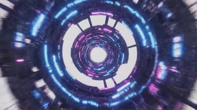 futuristic comic style neon tunnel interior glowing frame panels forming spiral vortex strong depth perspective bright color transitions against white space cinematic digital hyperspace feeling intens
