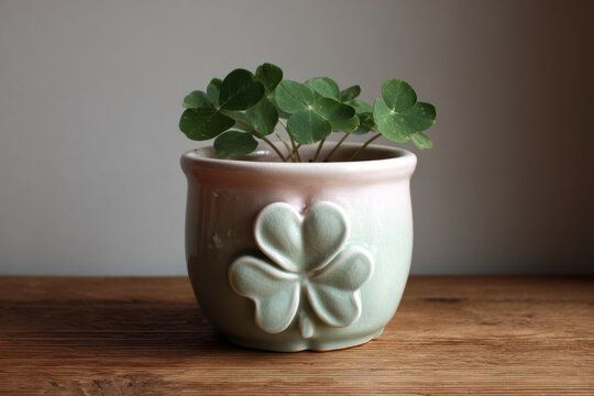 Pastel shamrock ceramic planter with succulent green clover leaves indoor plant decorative pot wooden table natural light home decor peaceful atmosphere minimalist style
