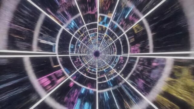 neon lit comic strip tunnel interior illuminated frames spinning into distance futuristic hyperspace effect bold bright colors against white background cinematic motion graphics full hd high resolutio