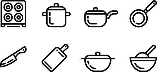 Simple black line art set displays essential kitchen cooking utensils including a stove, pots, and pans.