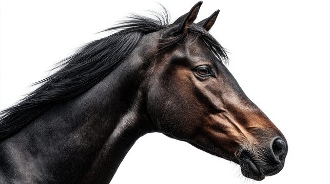 Elegant portrait of a dark bay horse against a clean white background