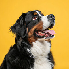 Bernese Mountain Dog portrait happy smiling face yellow background pet animal studio photography
