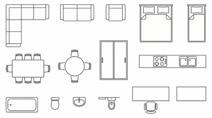 Minimalist Interior Furniture and Fixture Symbol Set for Architectural Floor Plans featuring 2D Top View Outlines of Sofas, Dining Tables, Beds, Kitchen Counters, and Bathroom Sanware © Rishi