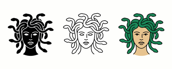Obraz premium Legendary Medusa Mascot Logo Set featuring Mythological Gorgon Head Designs in Silhouette, Minimalist Outline, and Vibrant Green Snake Graphic Styles