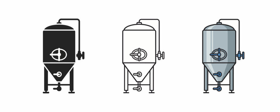 Professional Industrial Brewing Fermentation Tank Icon Set featuring Stainless Steel Conical Vessel Design in Silhouette, Minimalist Outline, and Realistic Metallic Graphic Styles