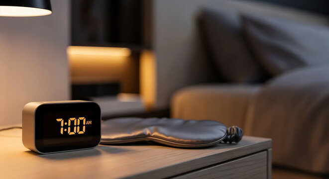 Clock and sleeping mask closeup symbolizing bedtime and relaxation