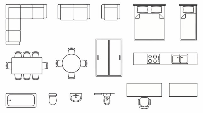 Minimalist Interior Furniture and Fixture Symbol Set for Architectural Floor Plans featuring 2D Top View Outlines of Sofas, Dining Tables, Beds, Kitchen Counters, and Bathroom Sanware