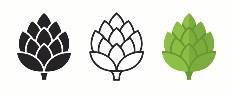 Artisanal Beer Hop Cone Icon Set featuring Natural Botanical Design in Silhouette, Outline, and Vibrant Green Layered Graphic Styles